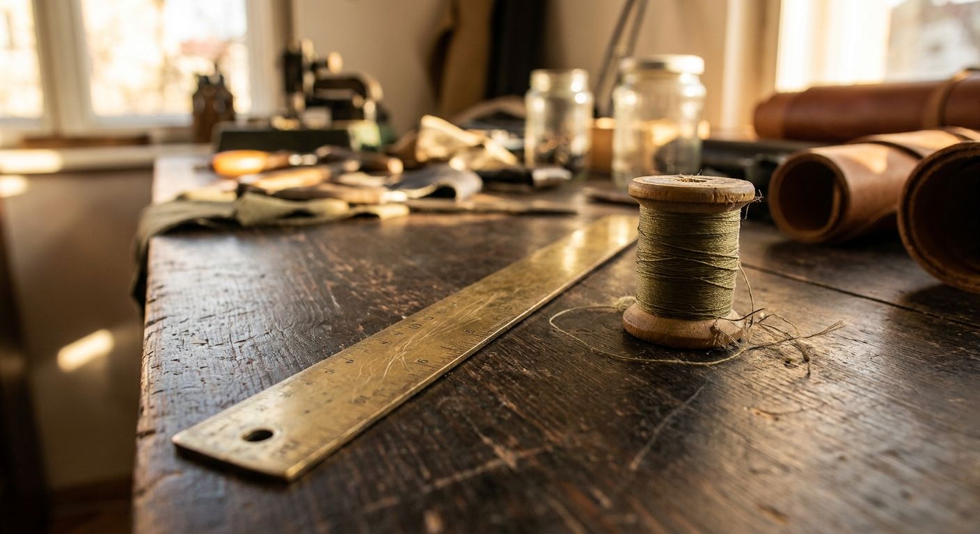 Enduring brass ruler and olive thread outlasting fashion cycles