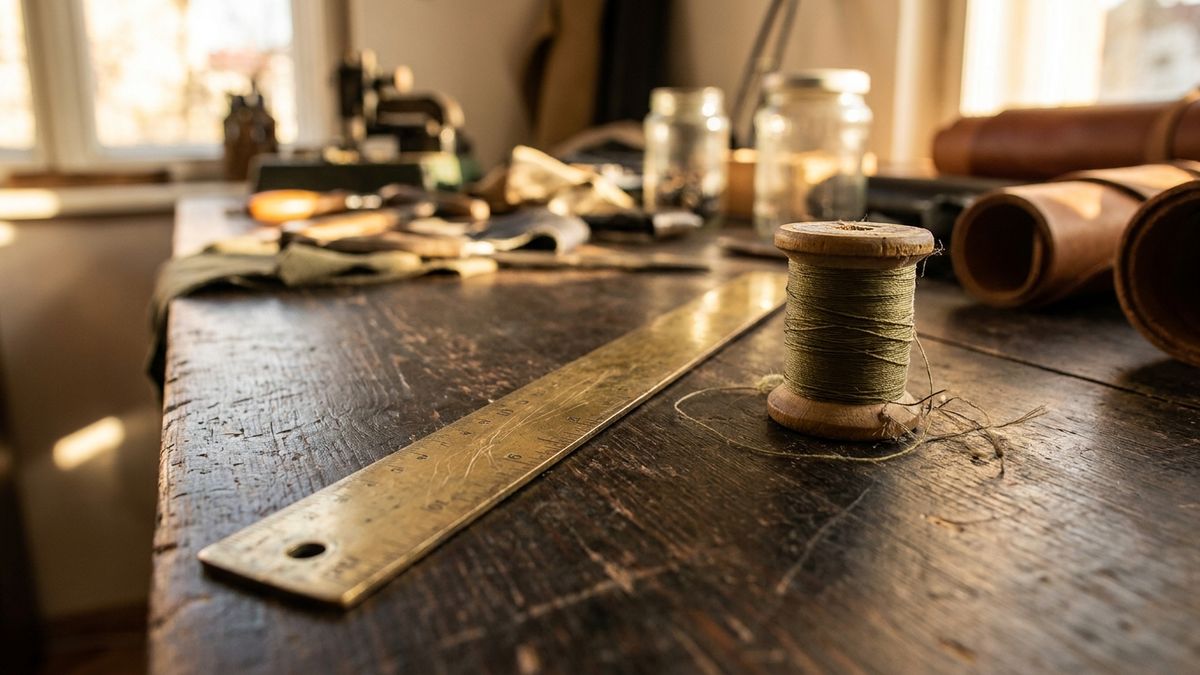 Enduring brass ruler and olive thread outlasting fashion cycles