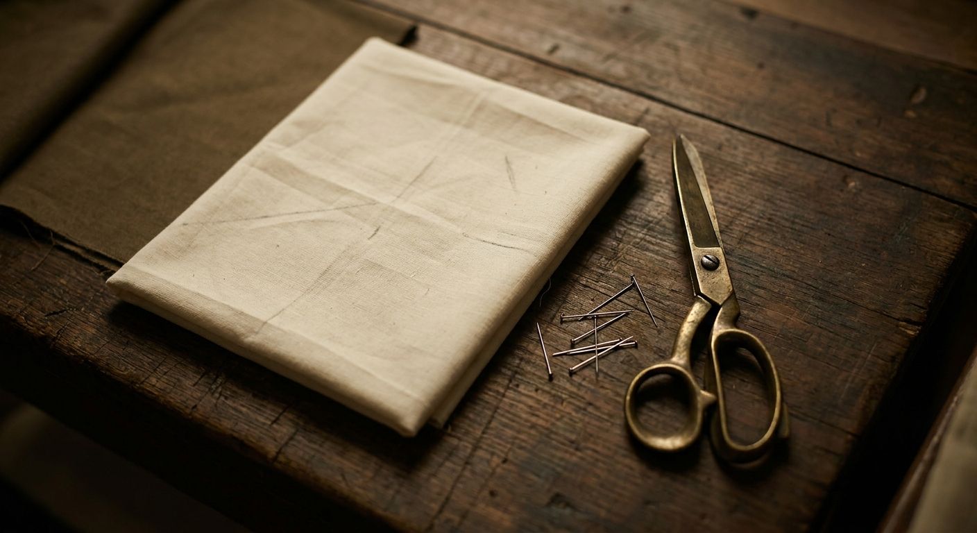 Plain muslin test garment pinned on a dress form beside brass shears on a wooden workbench