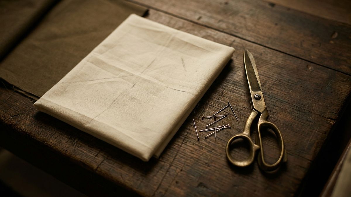 Plain muslin test garment pinned on a dress form beside brass shears on a wooden workbench