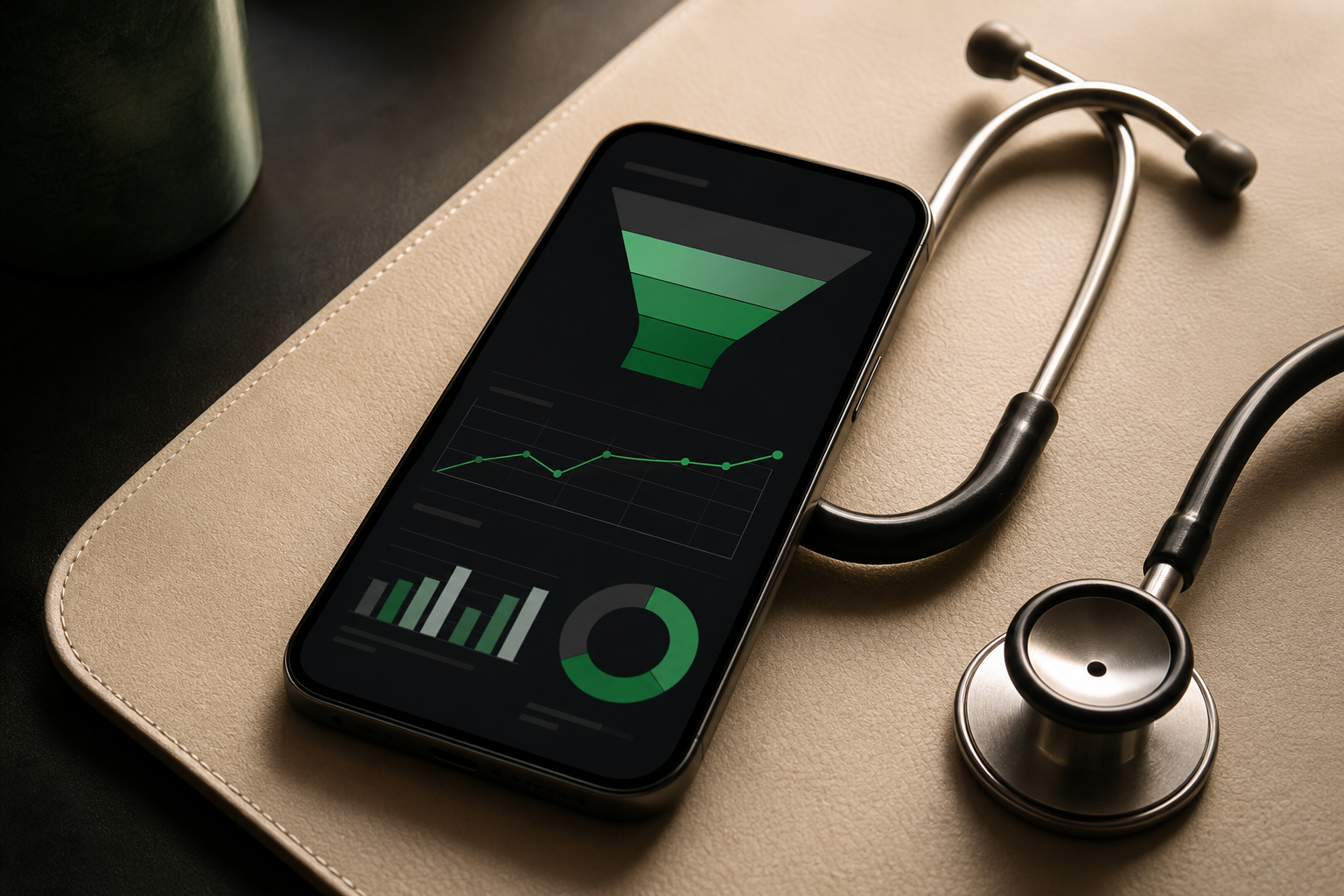 Pet telehealth app conversion analytics on a smartphone beside clinical tools