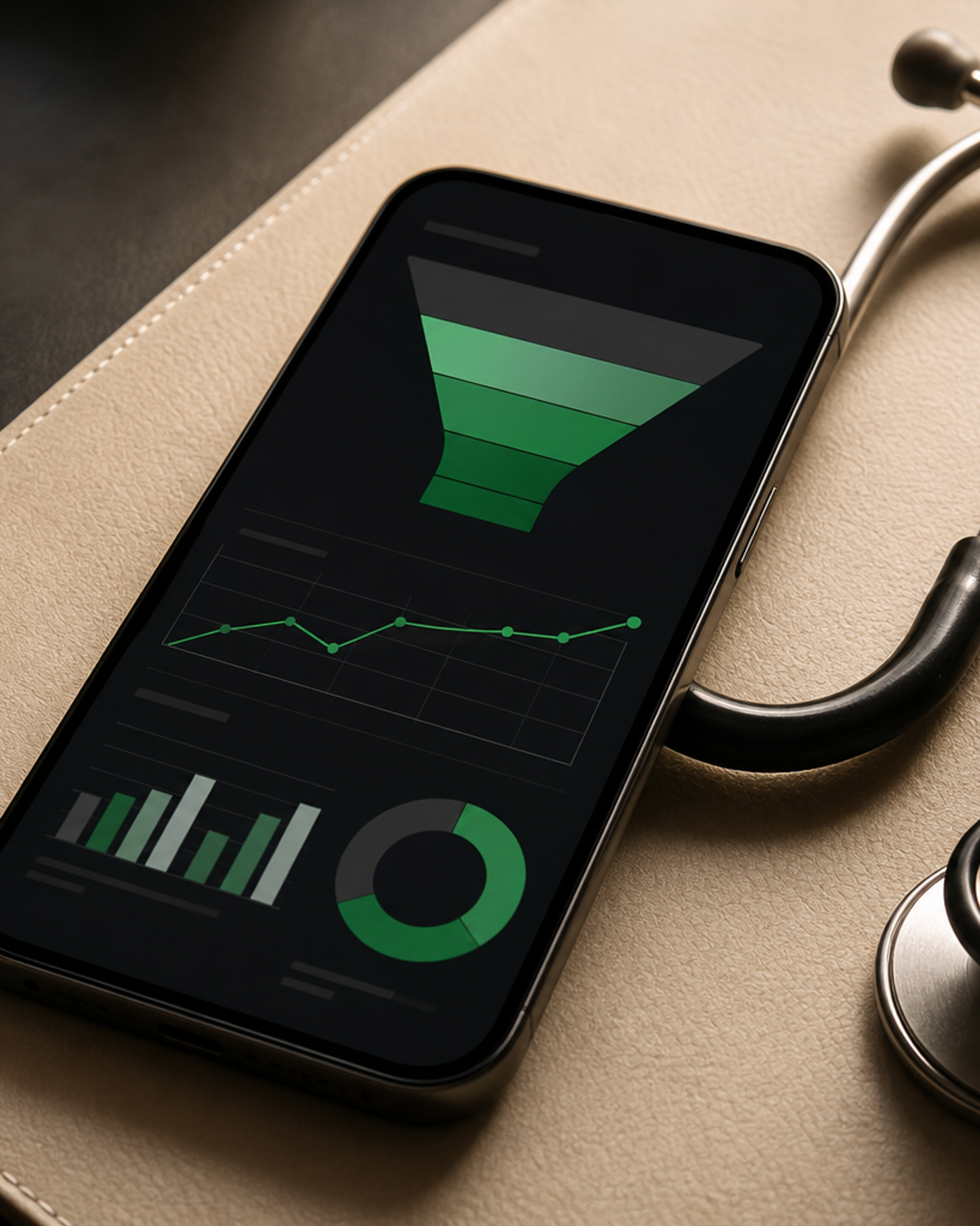 Pet telehealth app conversion analytics on a smartphone beside clinical tools