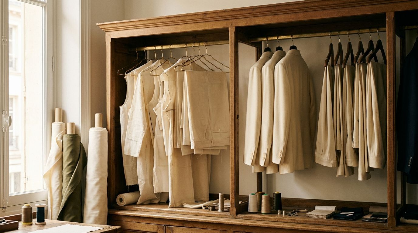 The sample rack. Muslin toiles on one side, finished cloth on the other.