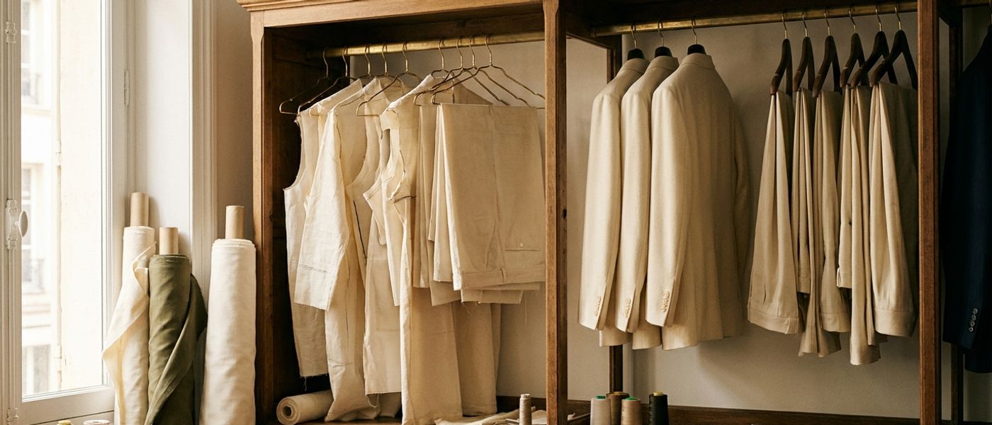 The sample rack. Muslin toiles on one side, finished cloth on the other.