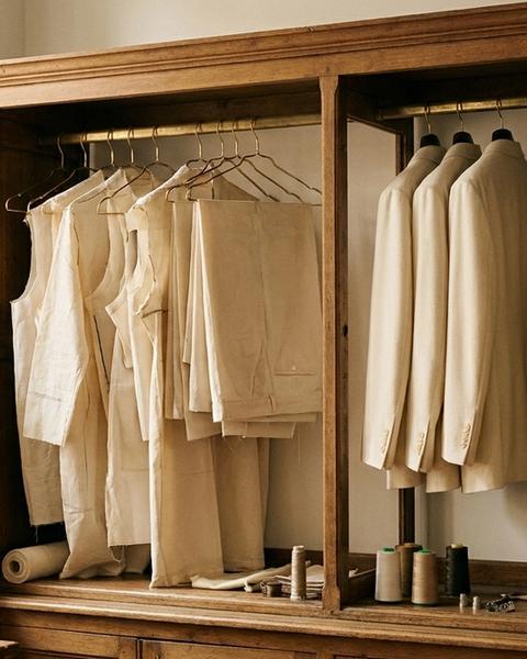 The sample rack. Muslin toiles on one side, finished cloth on the other.