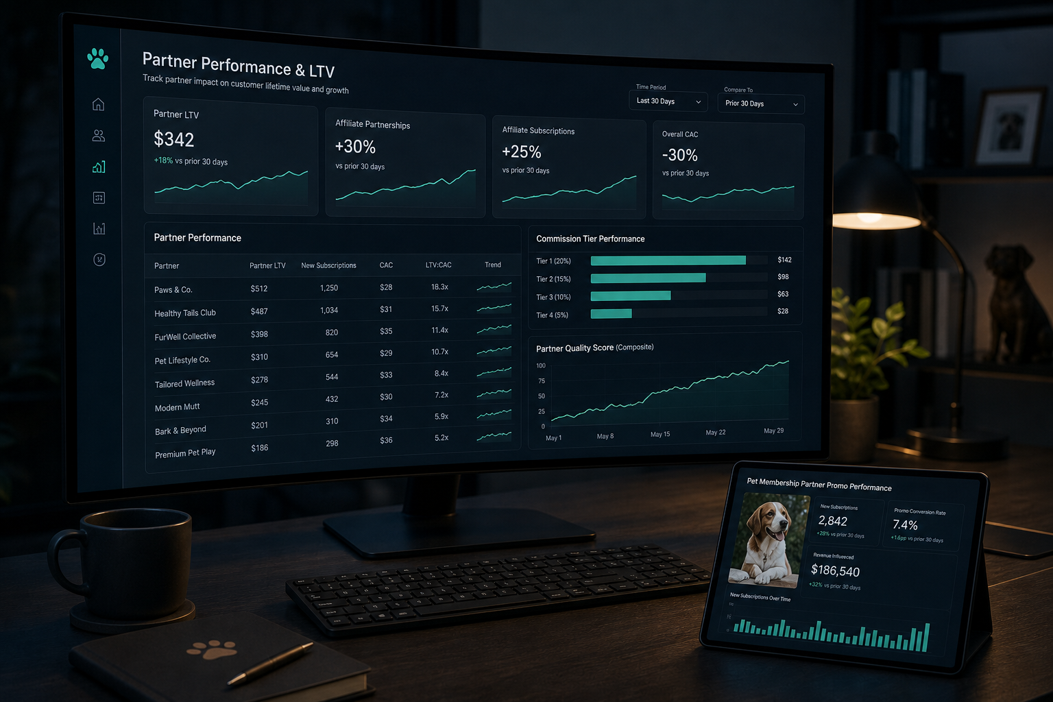 Affiliate partner performance and LTV dashboard on an ultrawide monitor beside a pet membership tablet