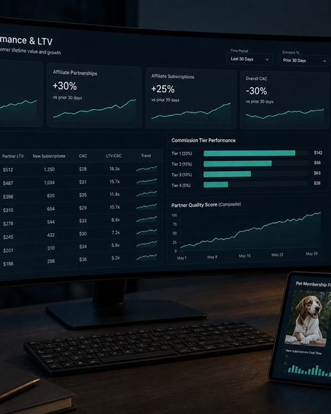 Affiliate partner performance and LTV dashboard on an ultrawide monitor beside a pet membership tablet