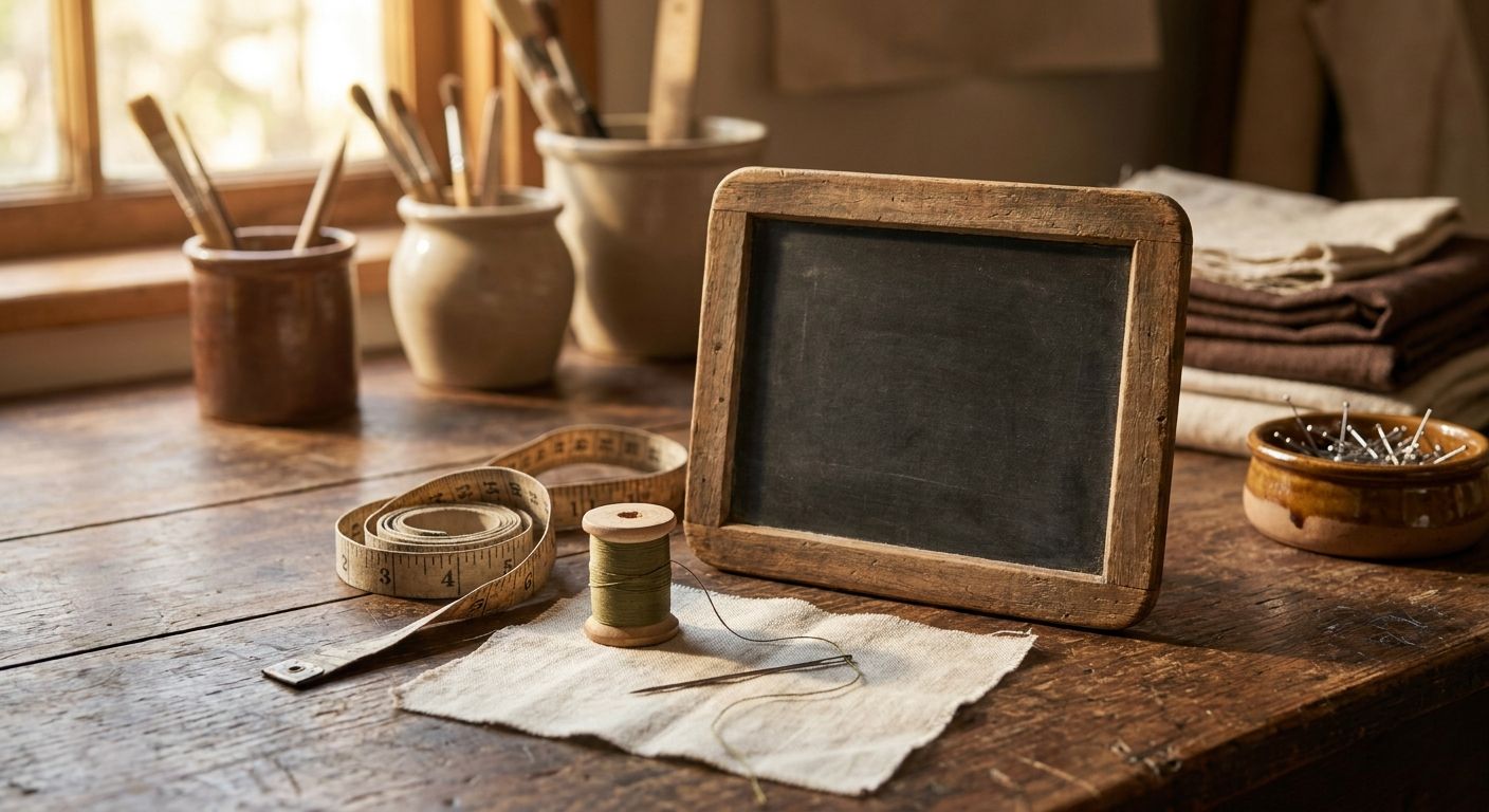 Storefront chalk board and measuring tape on warm wood