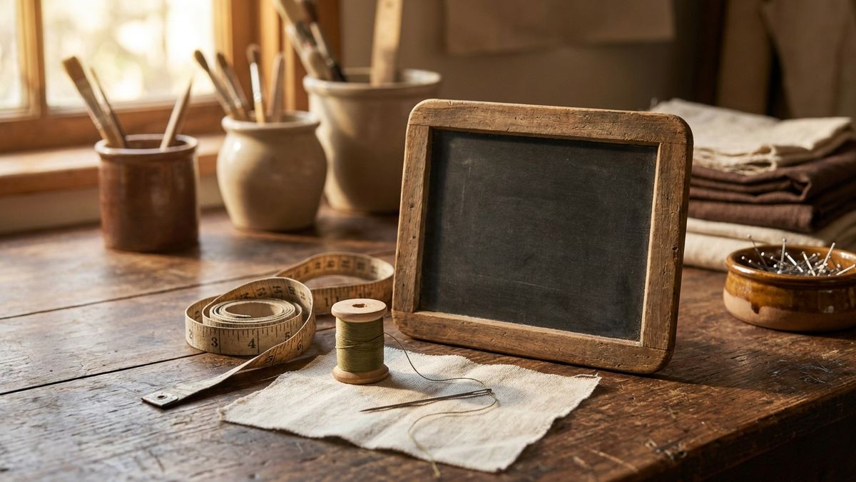 Storefront chalk board and measuring tape on warm wood