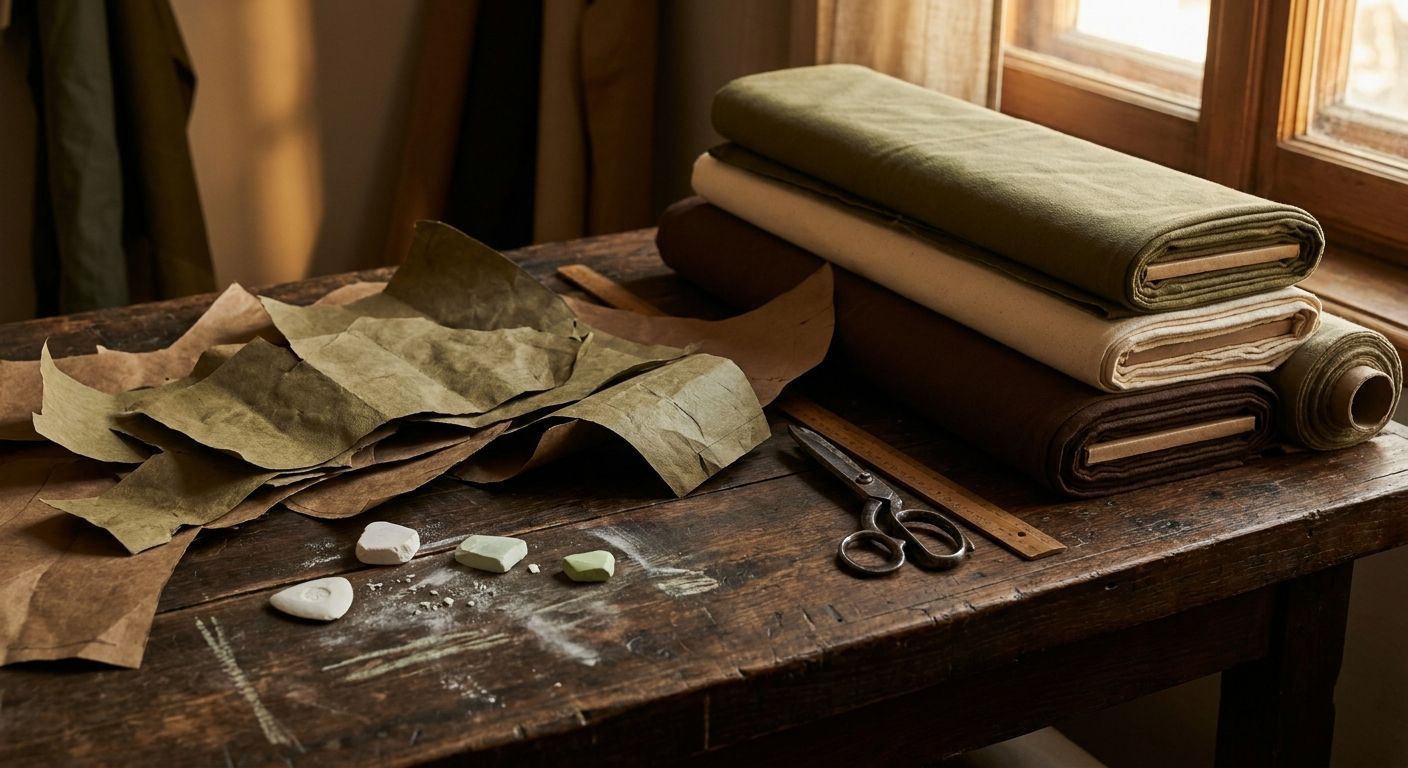 Hand-cut pattern pieces on a craft workbench rejecting mass fabric