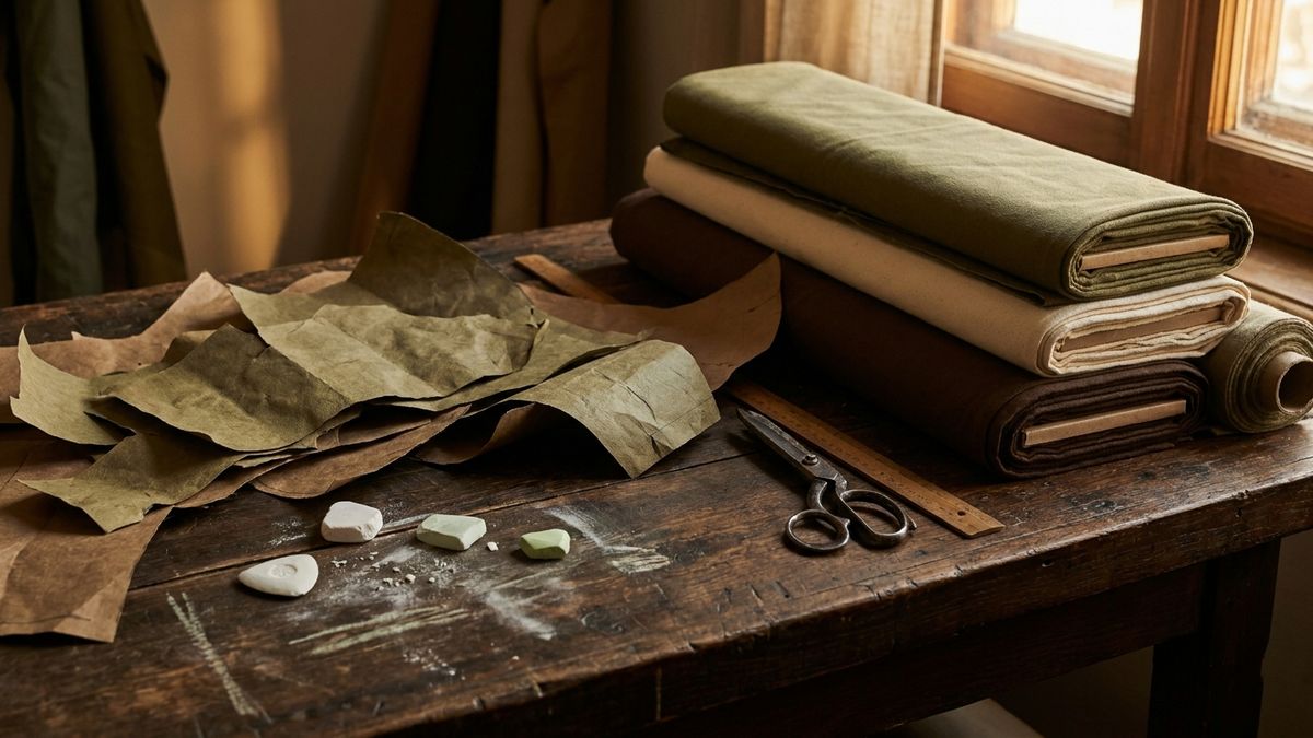 Hand-cut pattern pieces on a craft workbench rejecting mass fabric