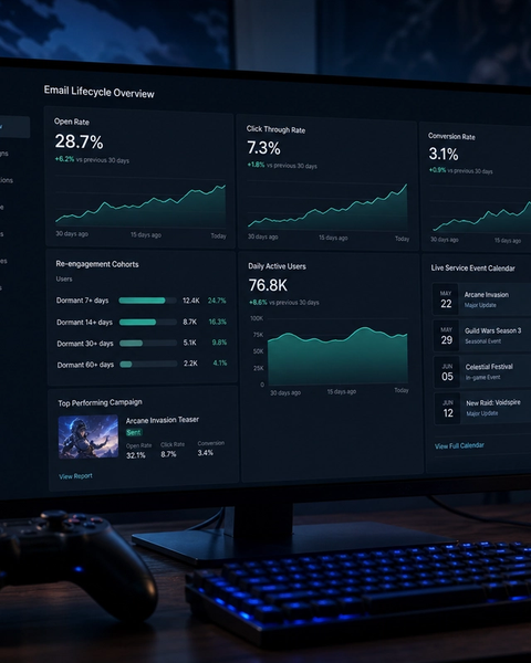 Email lifecycle and daily active user analytics on a monitor beside a gaming controller