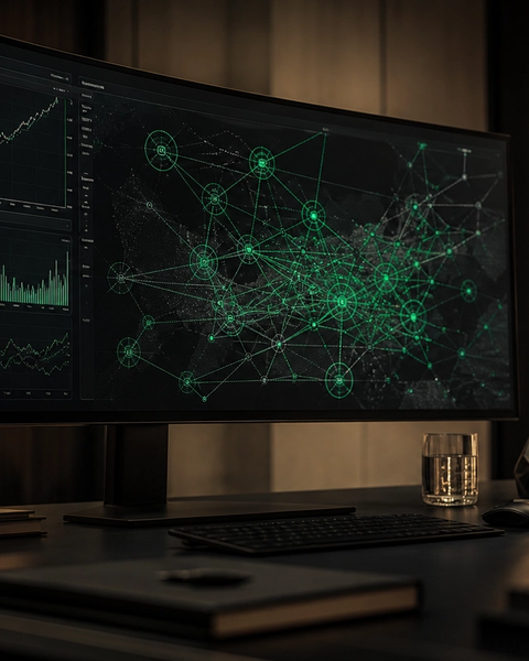 Web3 wallet activity and global growth analytics on an ultrawide monitor