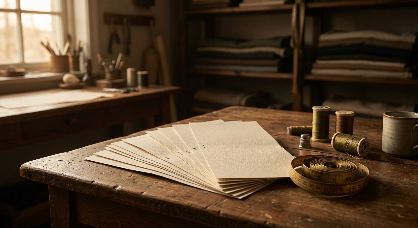 Unanswered pattern cards under warm atelier light on a quiet desk