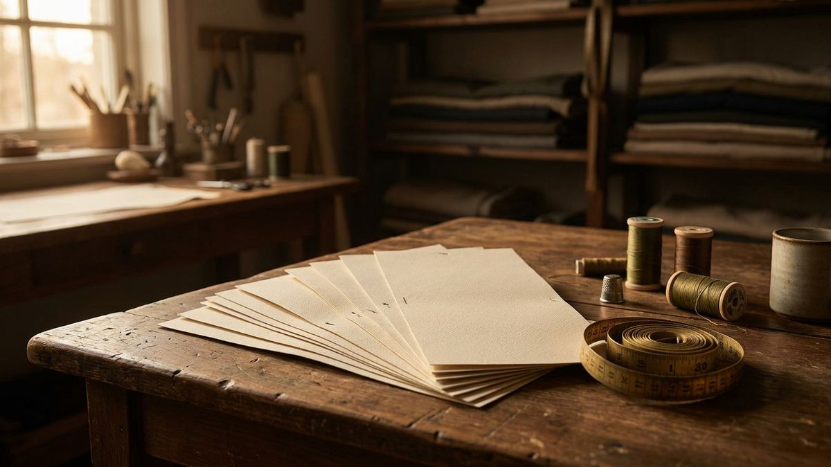 Unanswered pattern cards under warm atelier light on a quiet desk