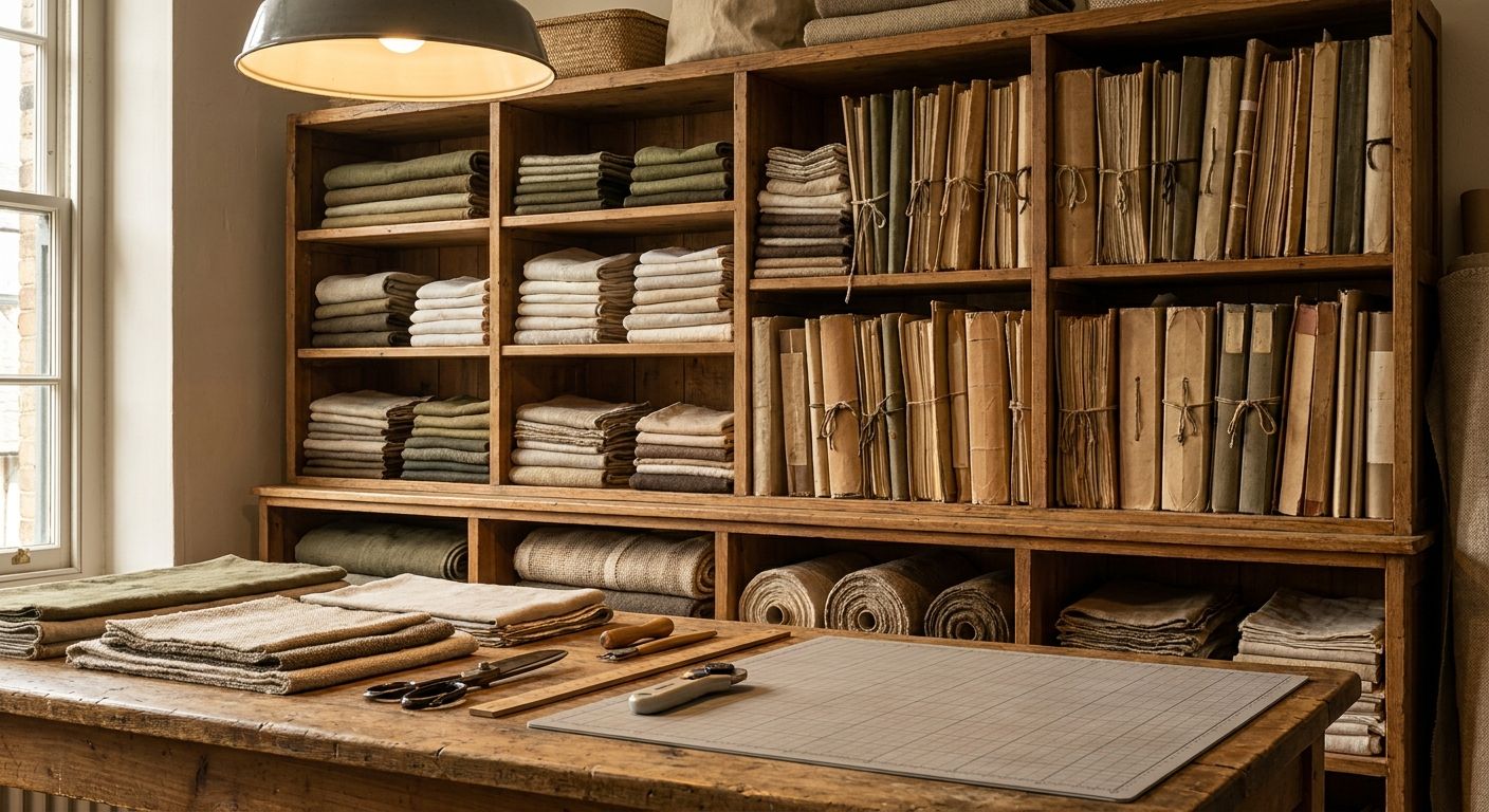 Organized pattern library shelves in a warm content atelier