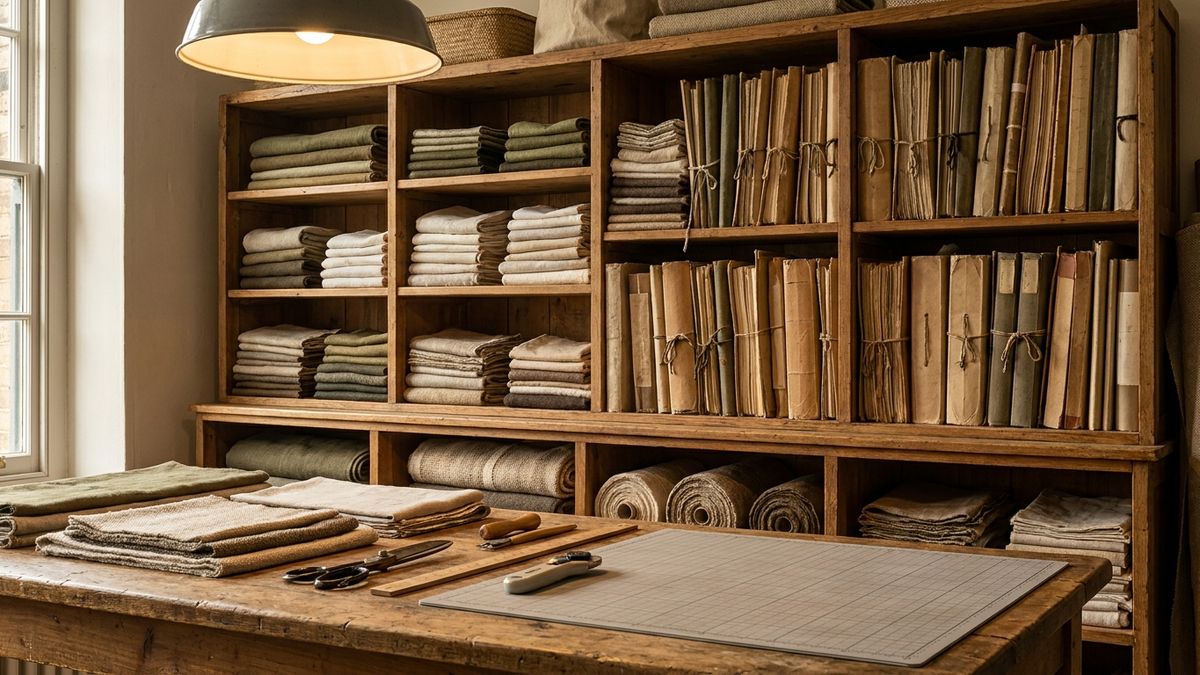 Organized pattern library shelves in a warm content atelier