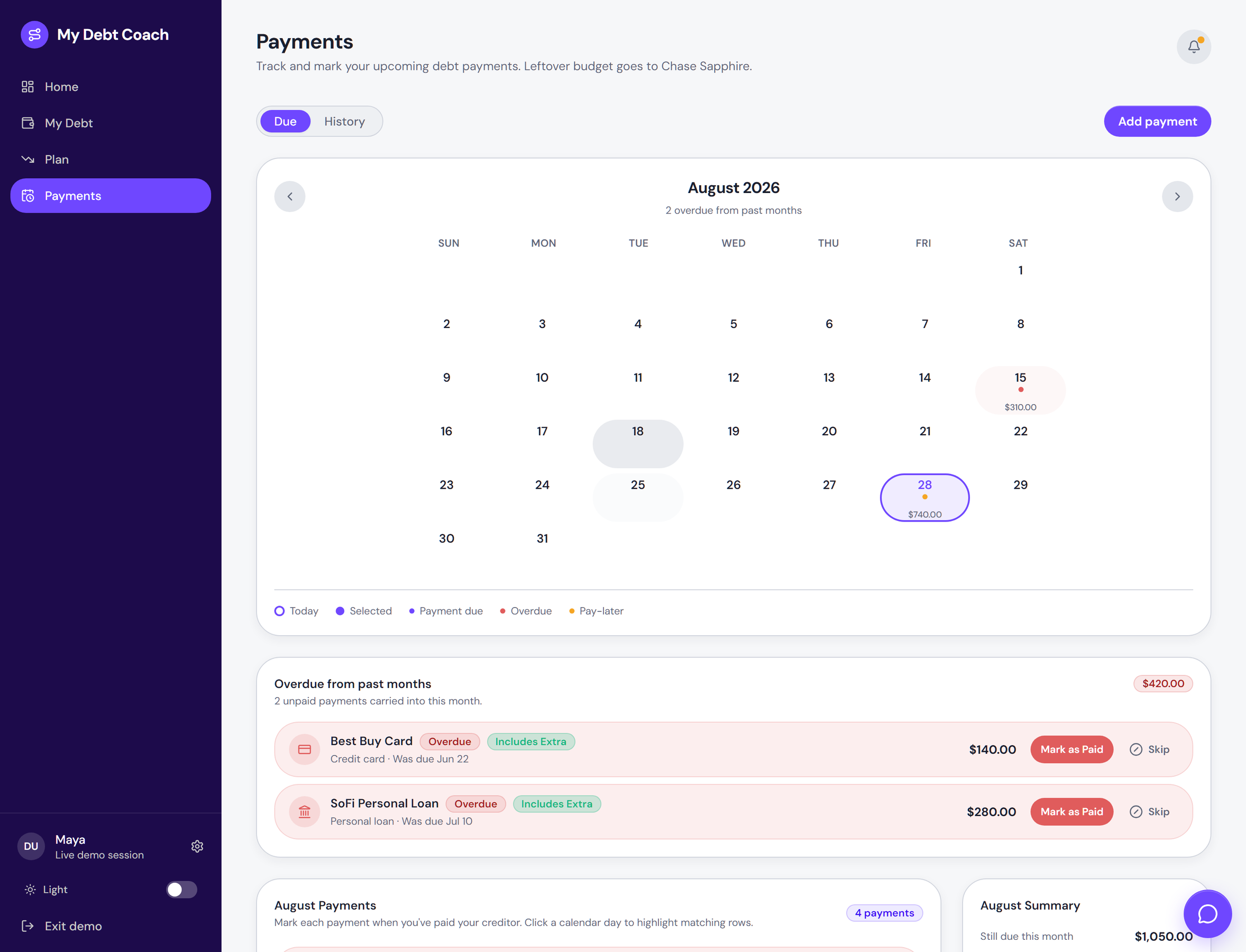 Payments calendar with due dates and monthly schedule