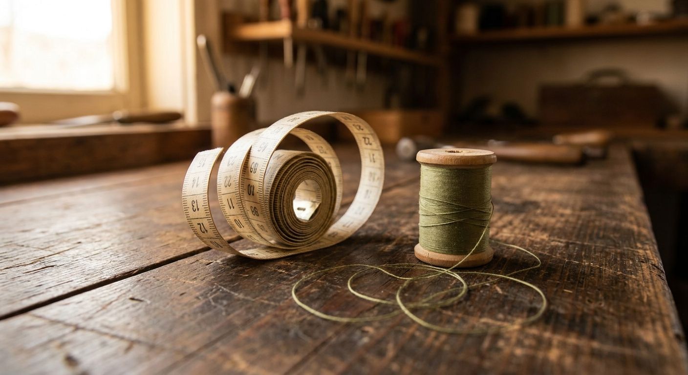 Circular measuring tape loop on a dark wooden growth workbench
