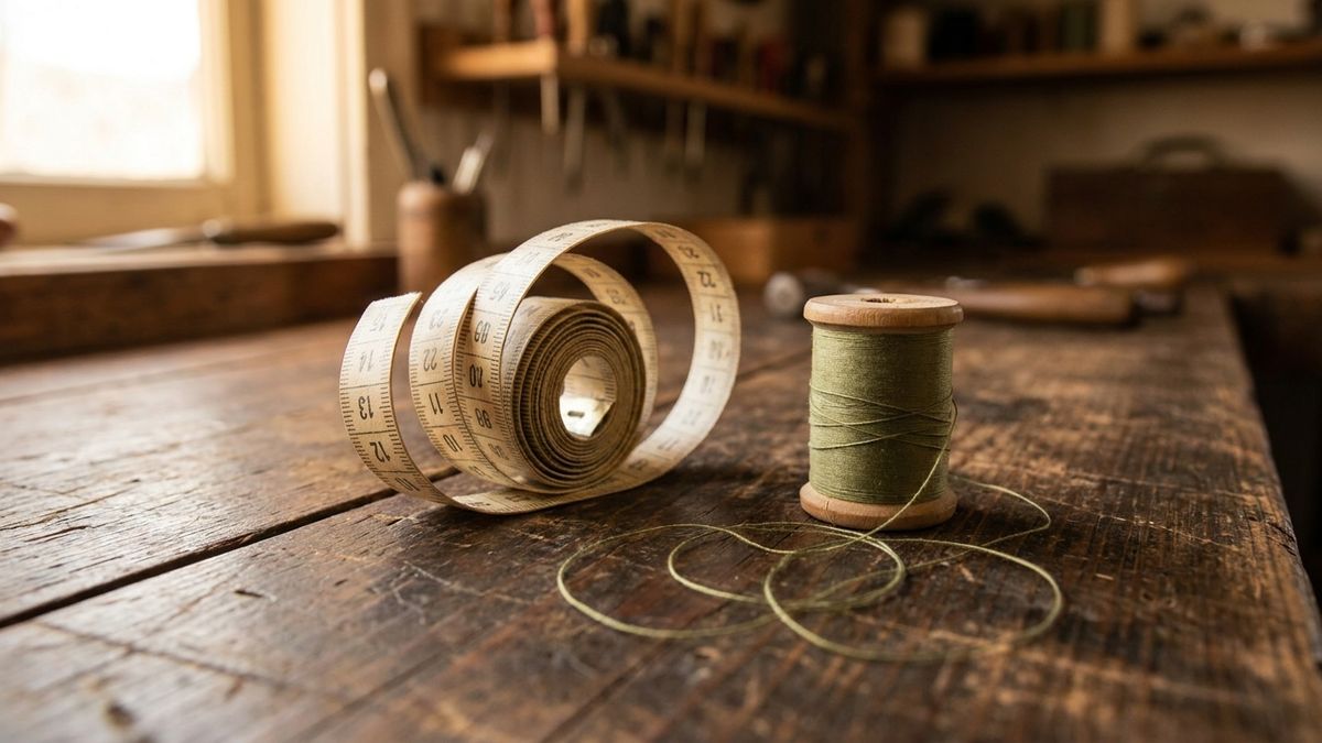 Circular measuring tape loop on a dark wooden growth workbench