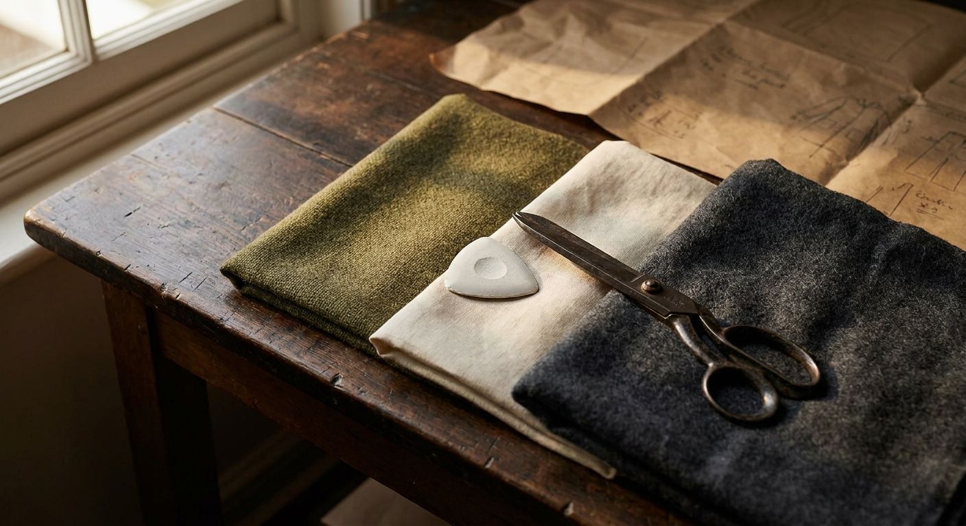 Three fabric swatches compared side by side with tailor chalk and shears