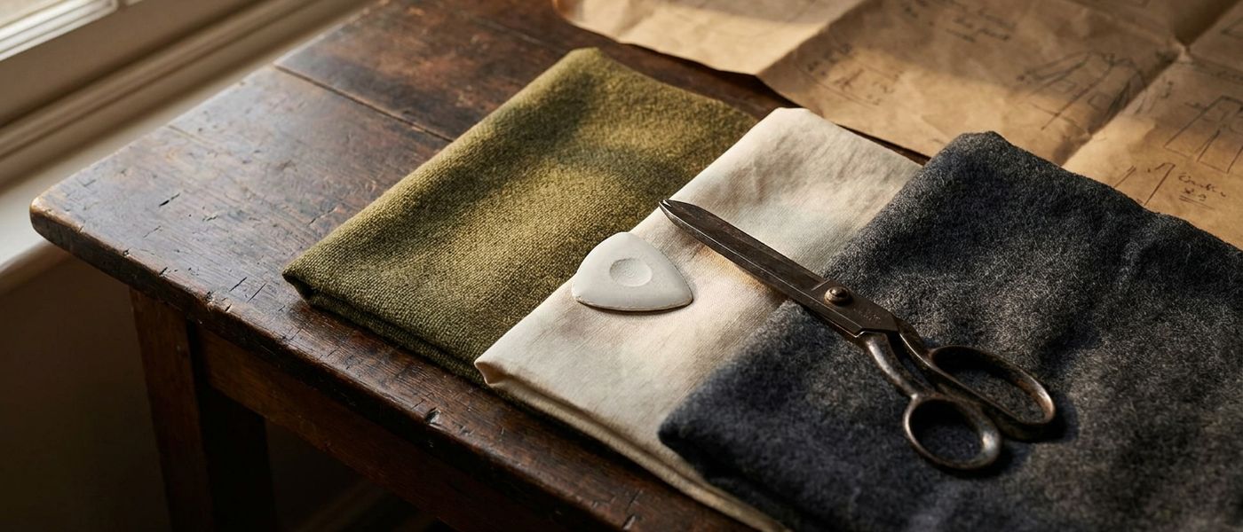 Three fabric swatches compared side by side with tailor chalk and shears