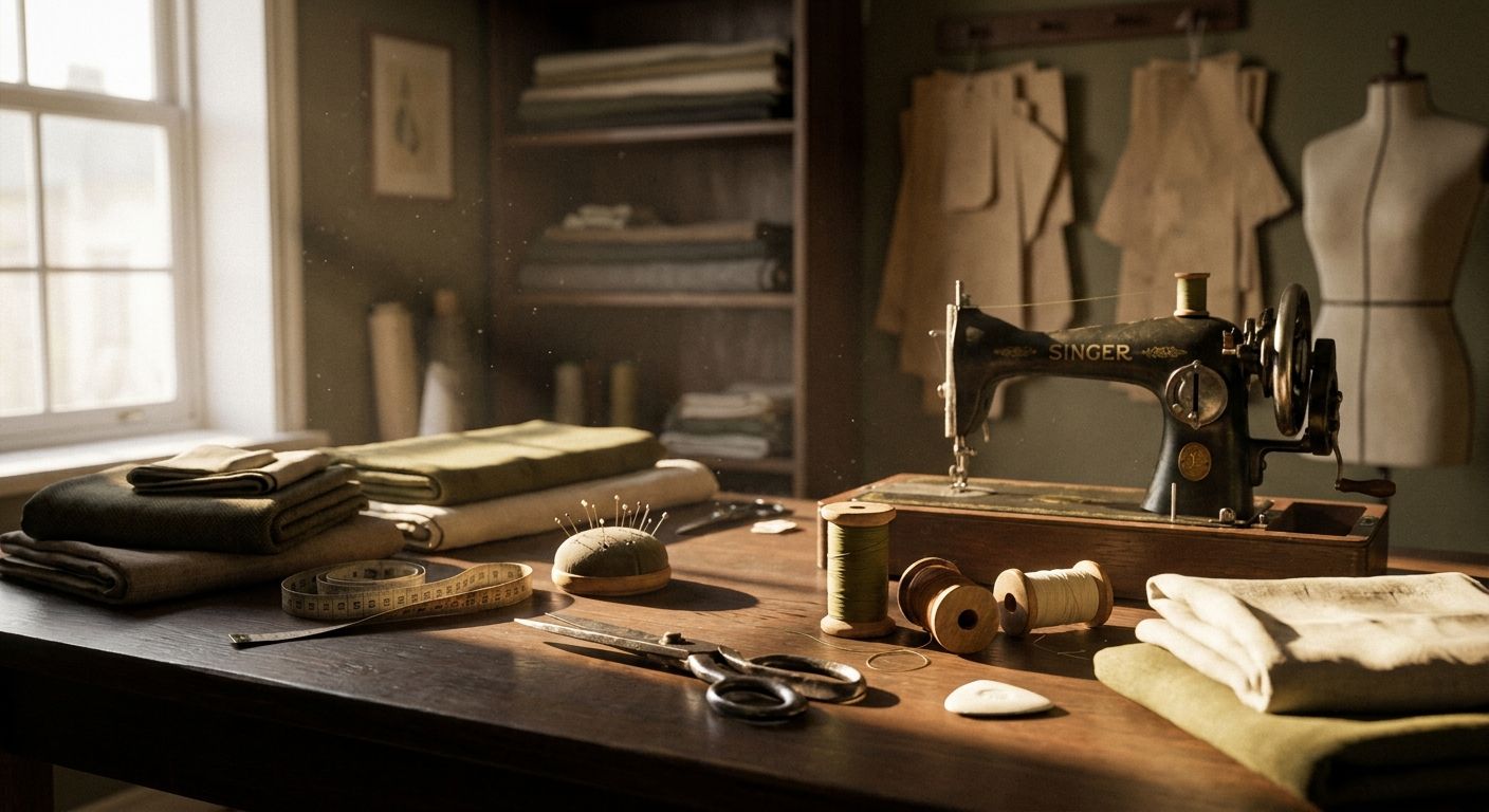 Corner shop tailor tools and local window light on a bench