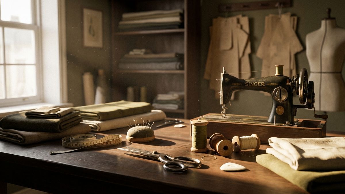 Corner shop tailor tools and local window light on a bench