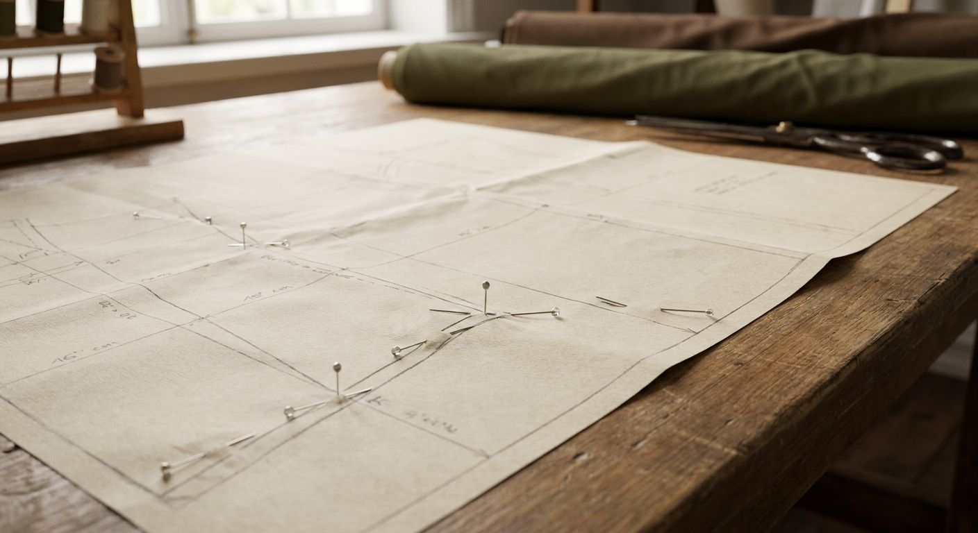 Fitting pins marking conversion points on cream pattern paper