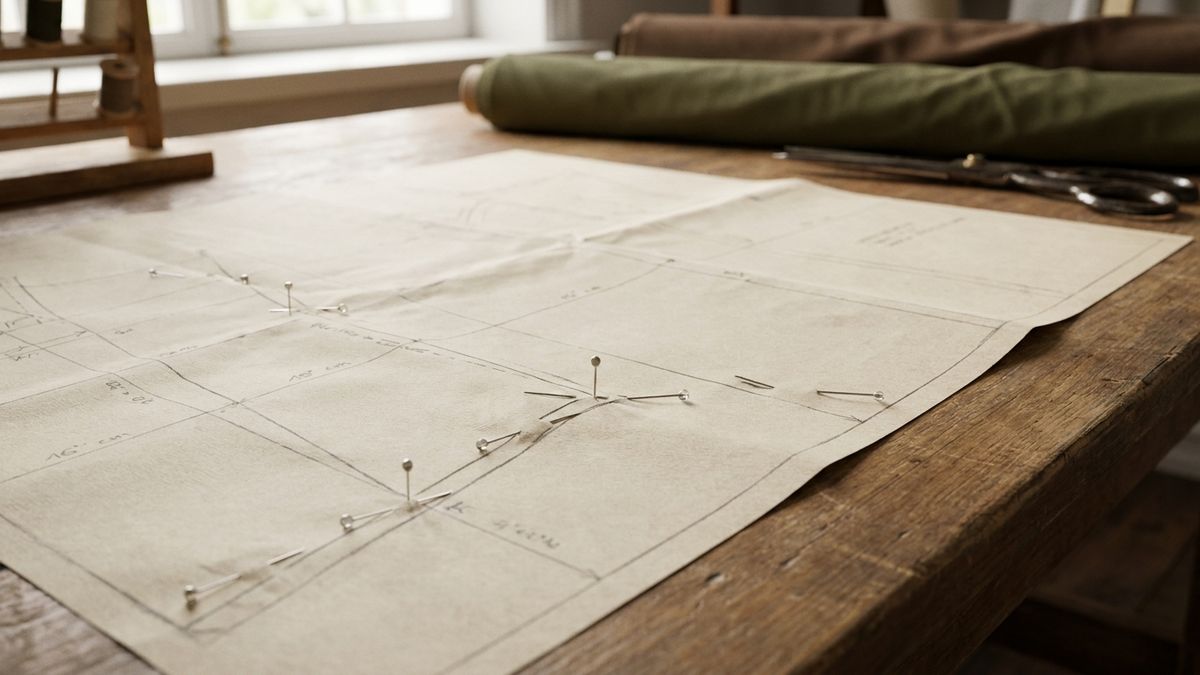 Fitting pins marking conversion points on cream pattern paper