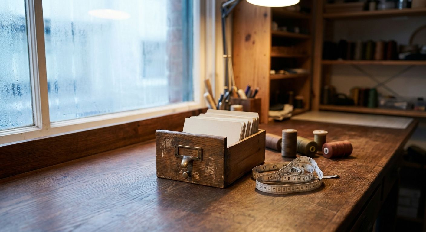 Empty antique card catalog drawer by a quiet shop window on a wooden workbench