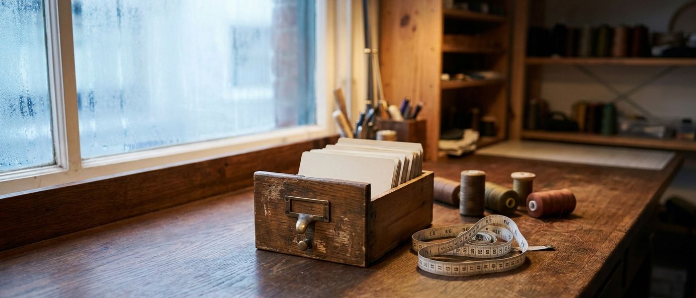 Empty antique card catalog drawer by a quiet shop window on a wooden workbench