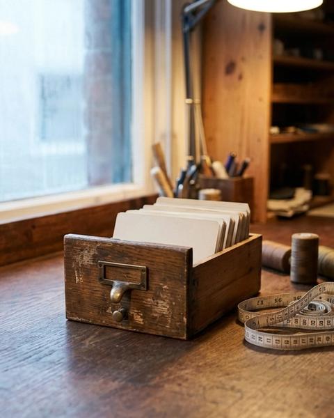 Empty antique card catalog drawer by a quiet shop window on a wooden workbench