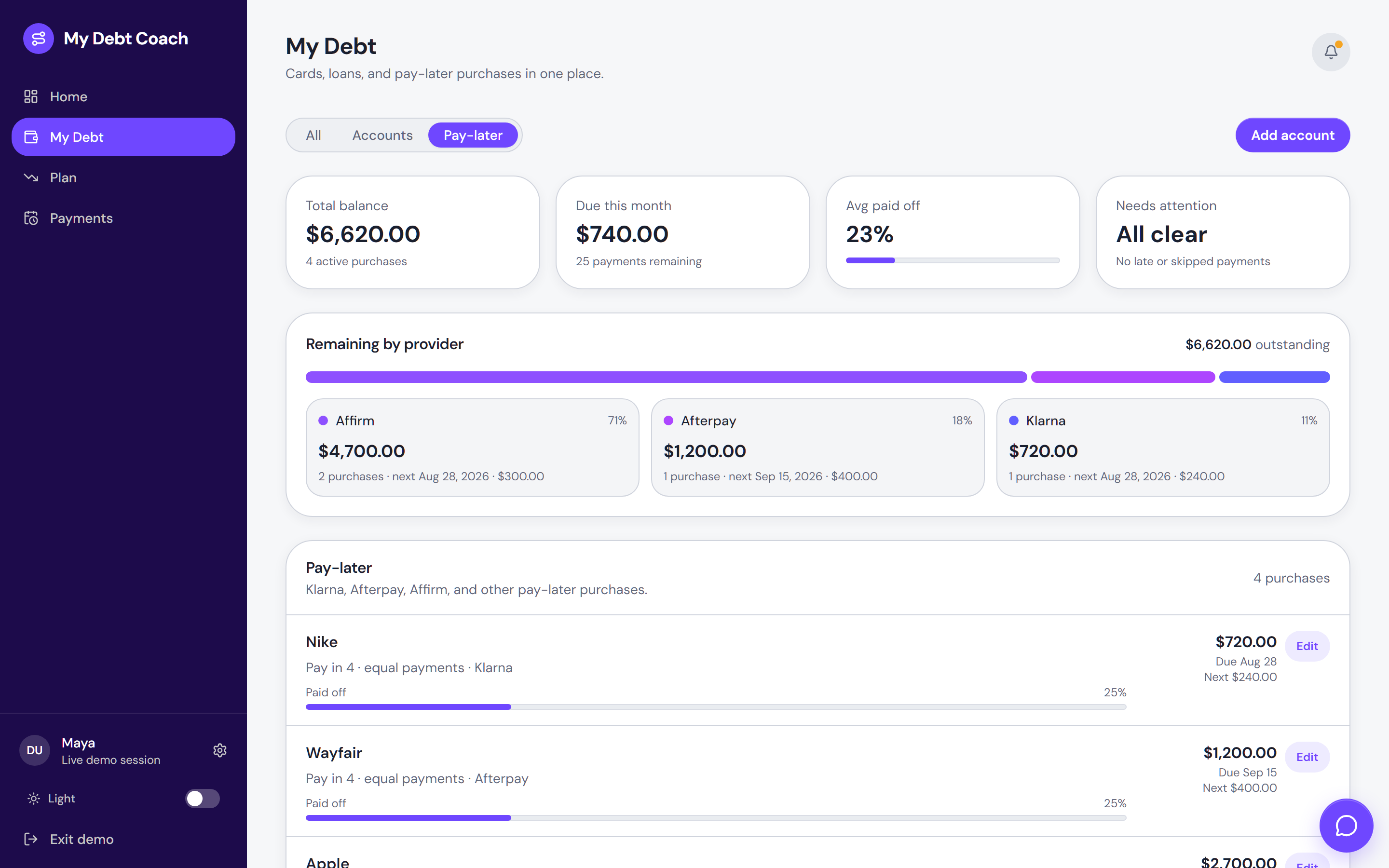 Pay Later accounts list with Affirm and Afterpay schedules