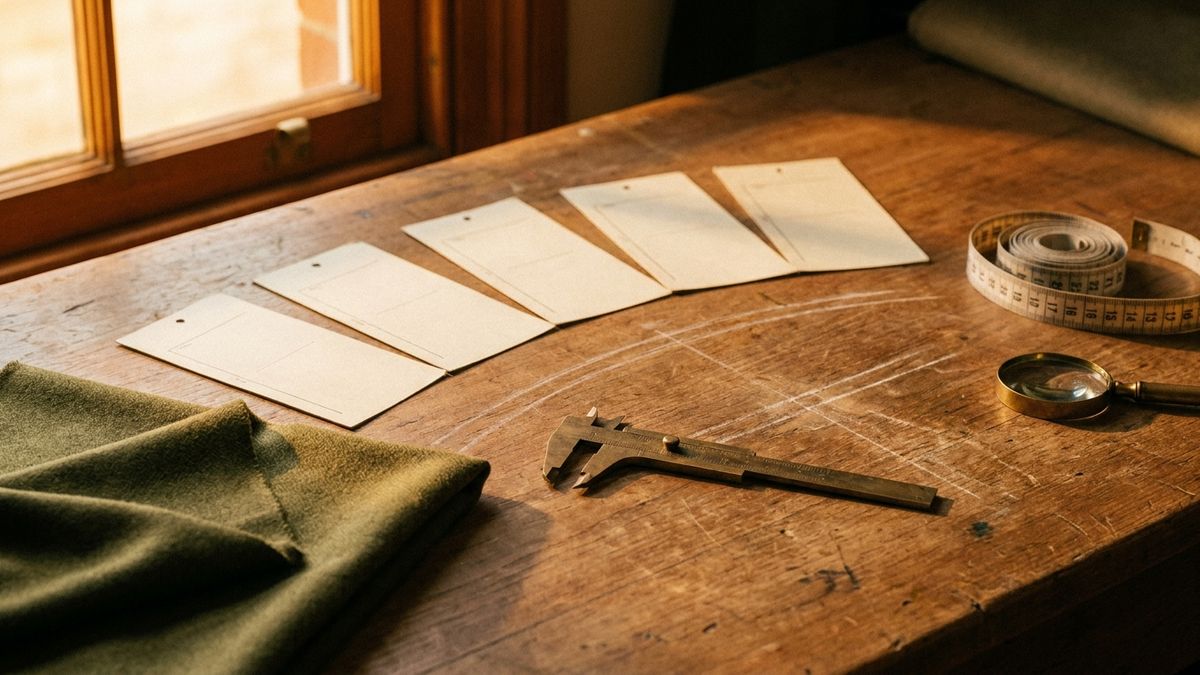 Five cream measurement cards, olive wool, brass calipers, chalk, measuring tape, and a magnifying glass on a warm tailor's workbench