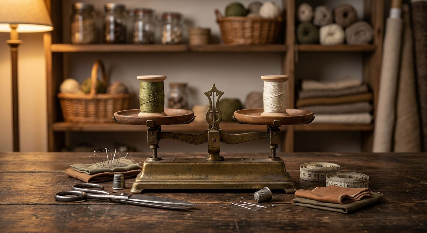 Brass balance scale weighing thread spools on a metrics bench