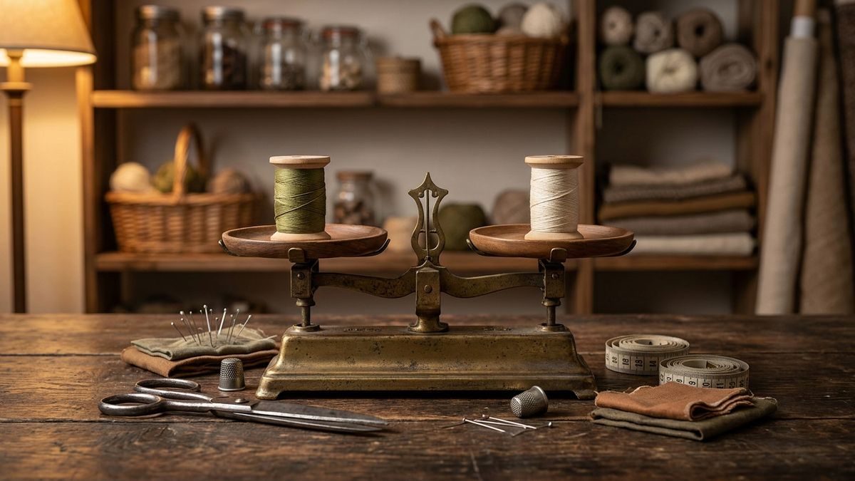 Brass balance scale weighing thread spools on a metrics bench