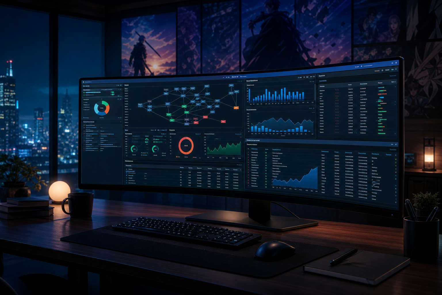 Technical SEO crawl analytics and index coverage dashboards on an ultrawide monitor in a dark workspace