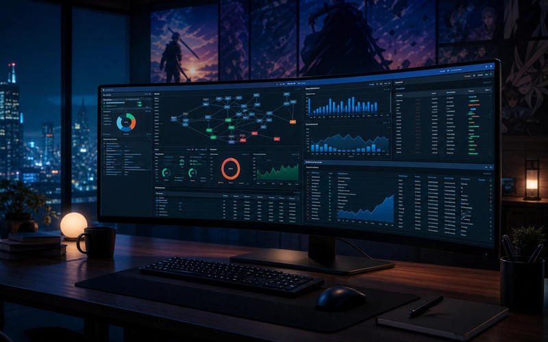 Technical SEO crawl analytics and index coverage dashboards on an ultrawide monitor in a dark workspace