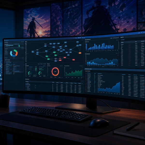 Technical SEO crawl analytics and index coverage dashboards on an ultrawide monitor in a dark workspace
