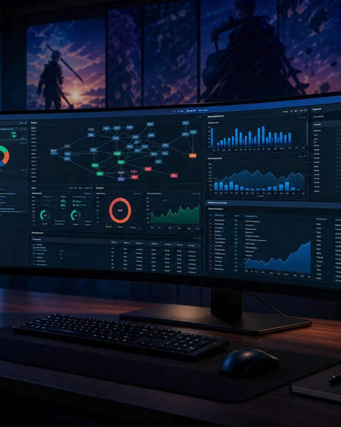 Technical SEO crawl analytics and index coverage dashboards on an ultrawide monitor in a dark workspace