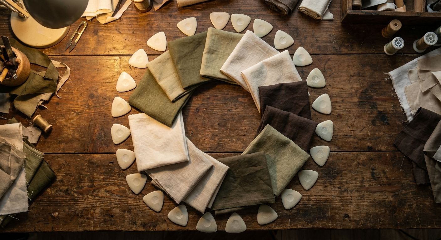 Tailor chalk and community-cut cloth samples on dark wood