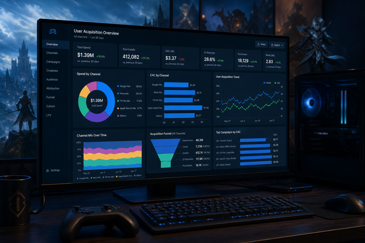 Multi-channel acquisition and marketing analytics on an ultrawide monitor beside a gaming controller