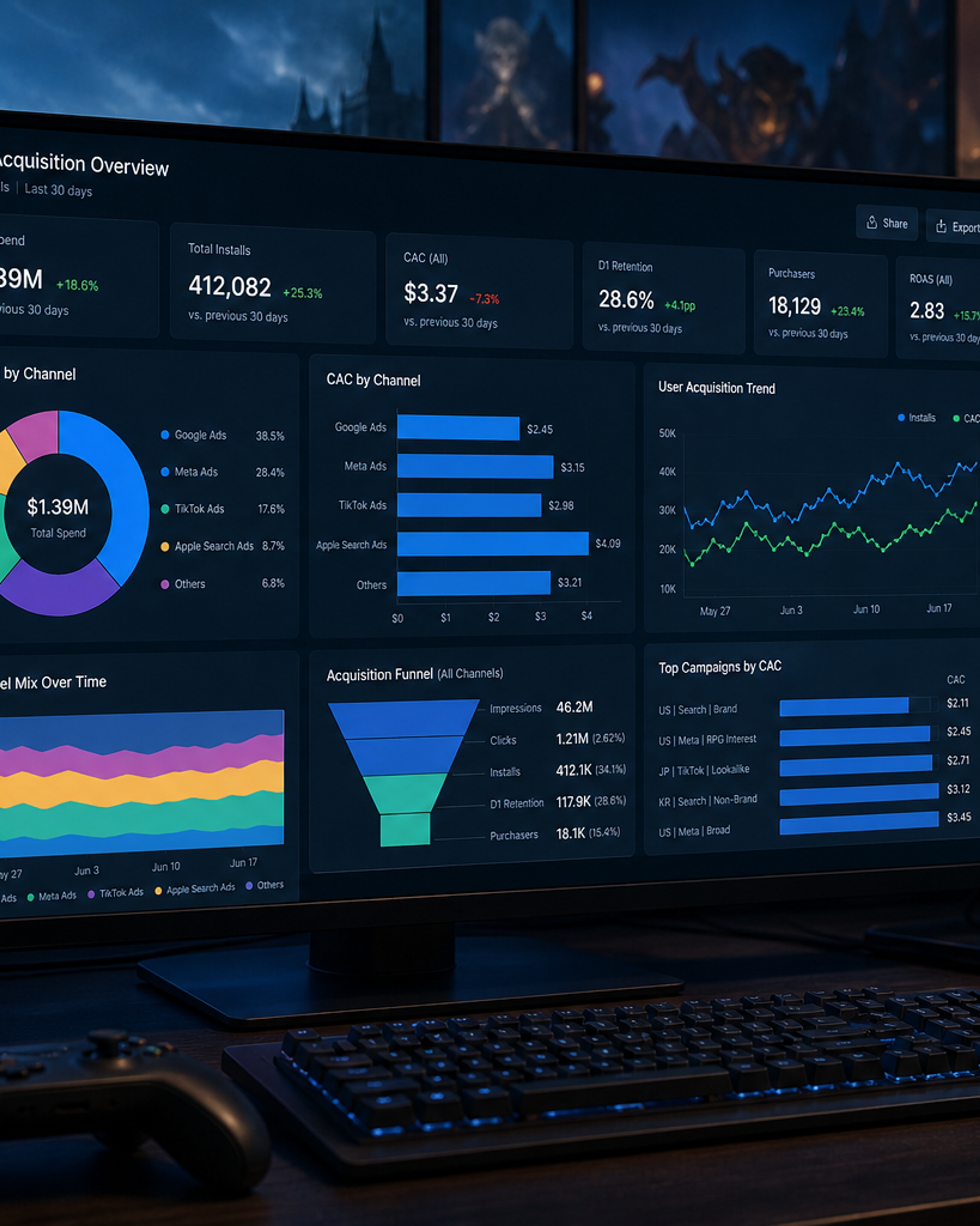 Multi-channel acquisition and marketing analytics on an ultrawide monitor beside a gaming controller