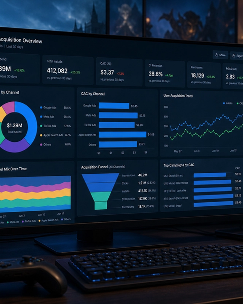 Multi-channel acquisition and marketing analytics on an ultrawide monitor beside a gaming controller