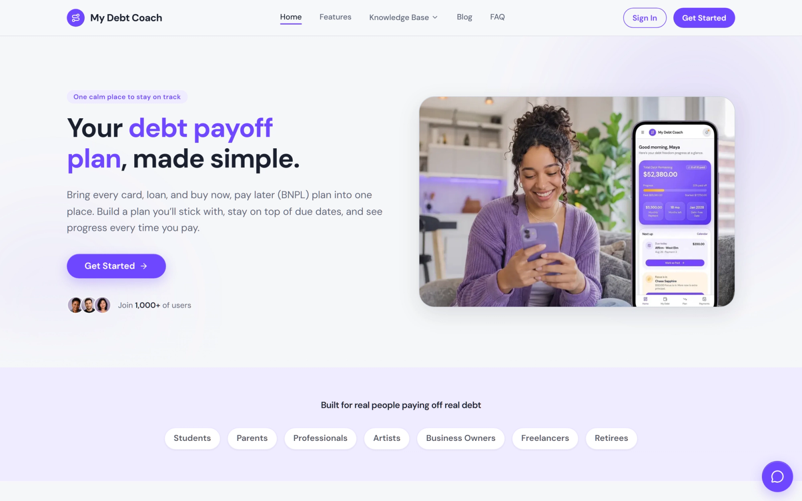 My Debt Coach marketing homepage with debt payoff plan hero