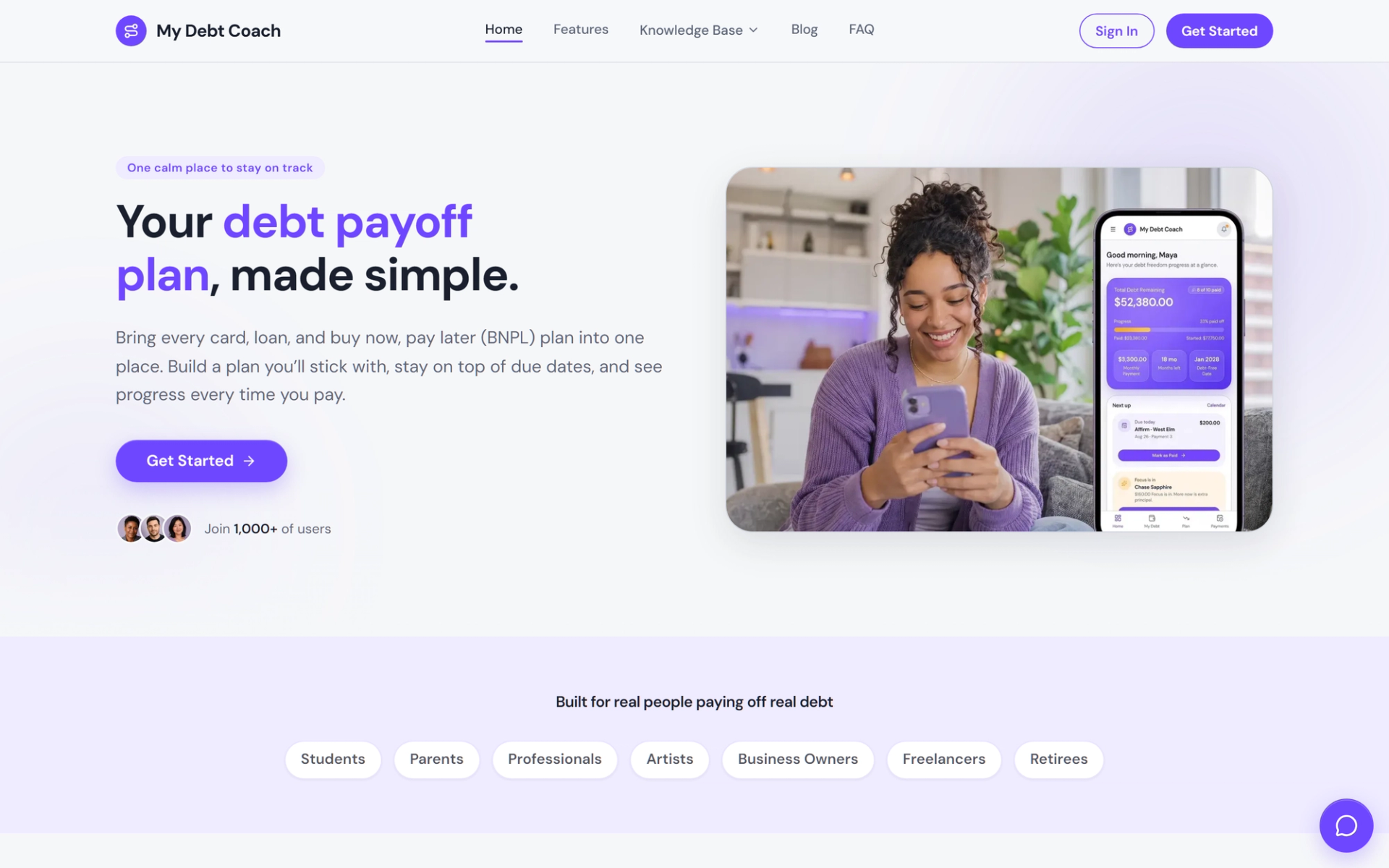My Debt Coach marketing homepage with debt payoff plan hero