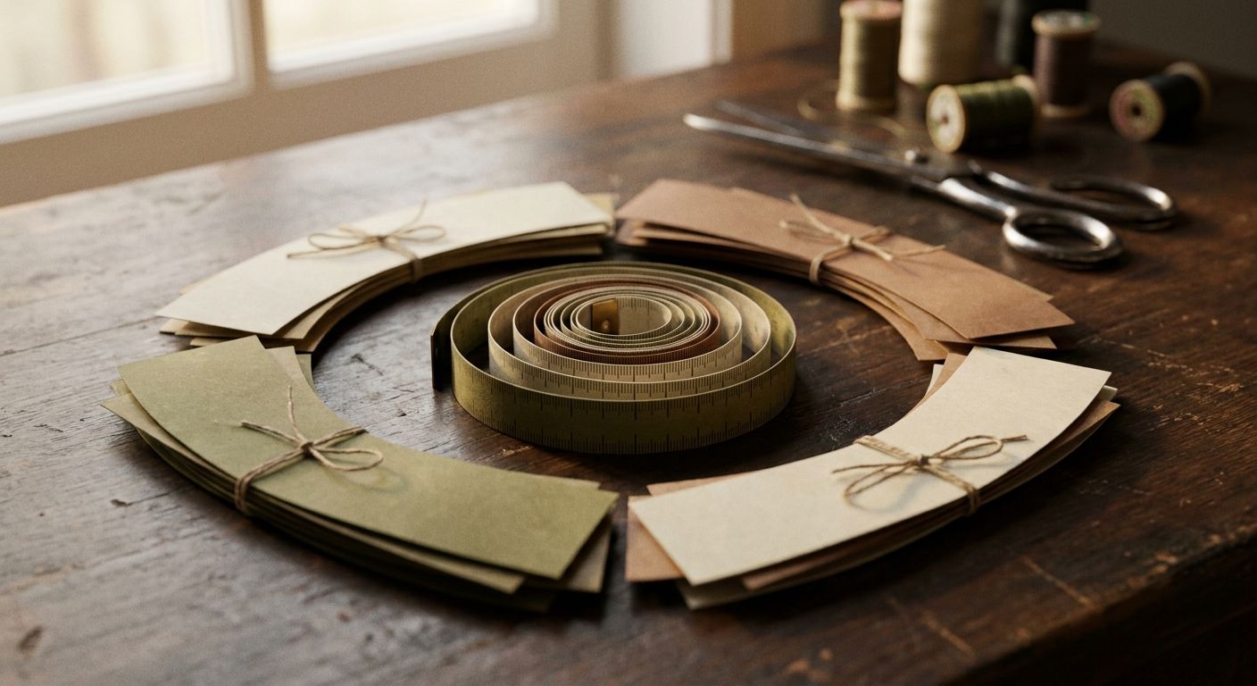 Measuring tape coiled in a circle with pattern pieces linked by twine on a workbench