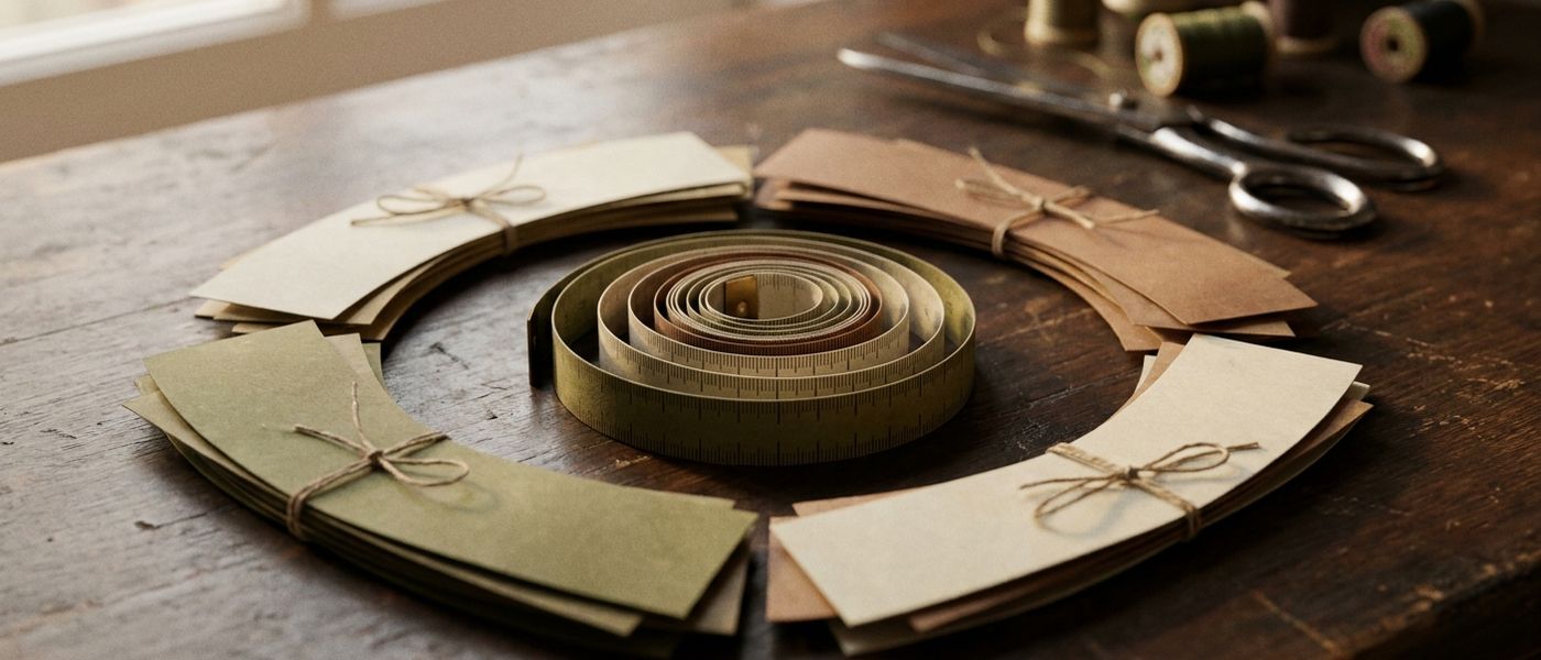 Measuring tape coiled in a circle with pattern pieces linked by twine on a workbench