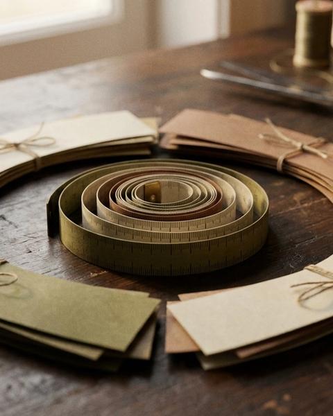 Measuring tape coiled in a circle with pattern pieces linked by twine on a workbench